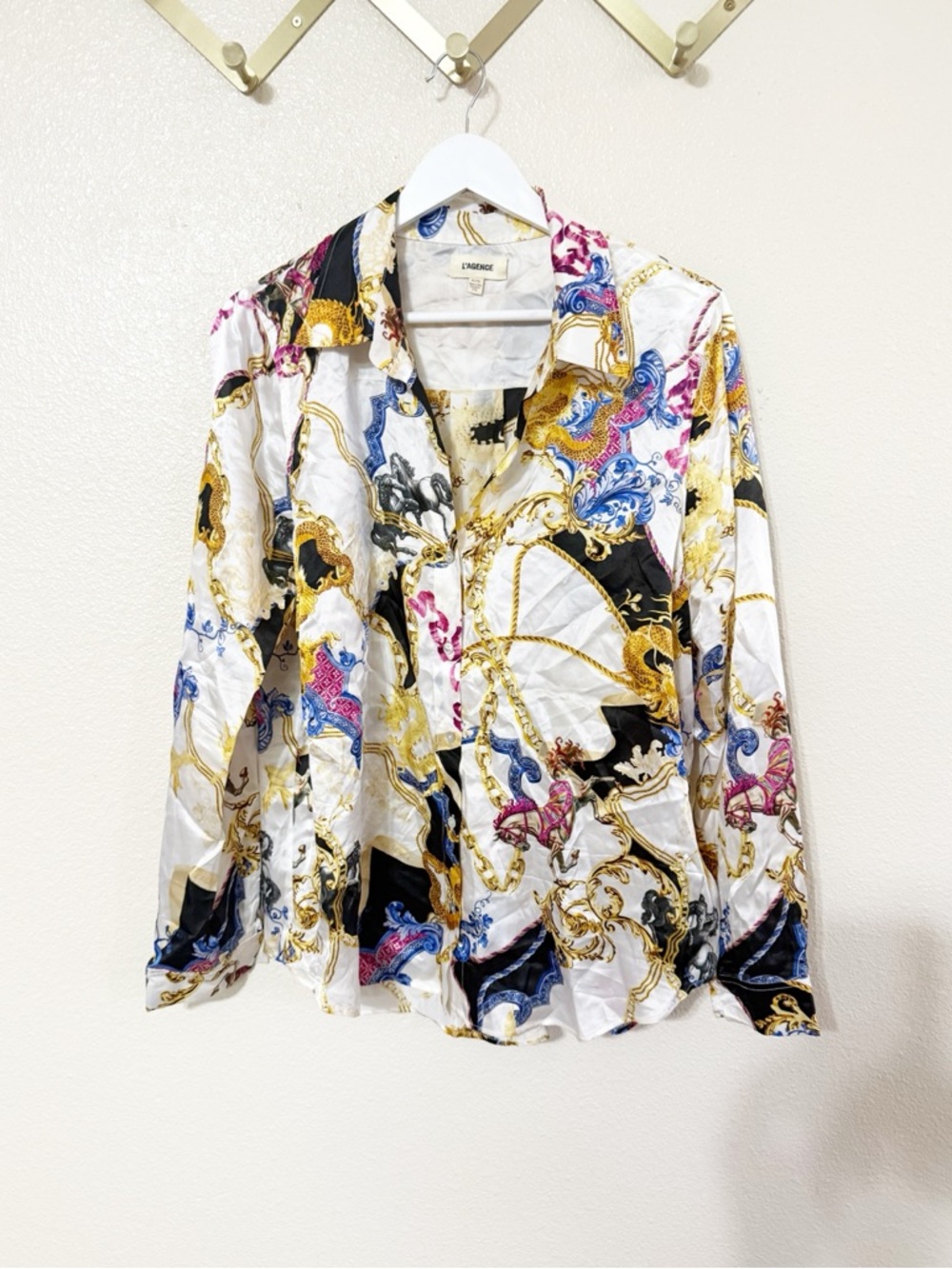 L’Agence Tyler Fantasy Long Sleeve Button Blouse in White, Black, & Renaissance - Picture 7 of 12